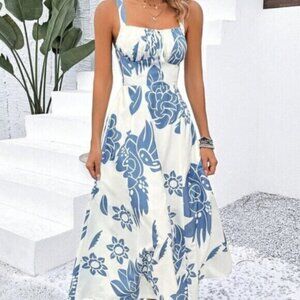 Blue and White Boho Women's Floral Print Cami Dress